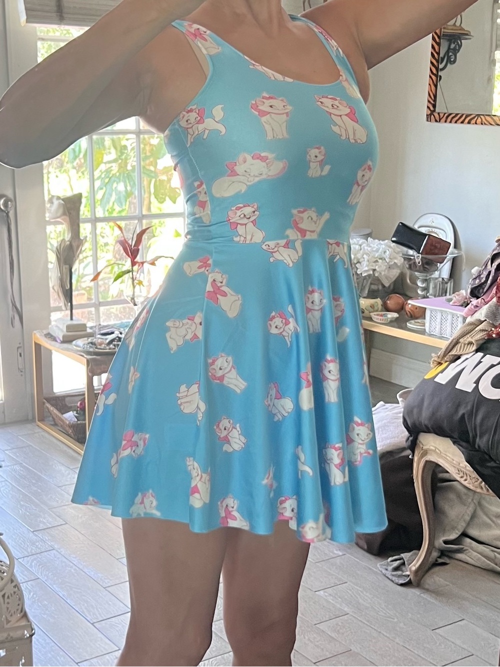 lulu Sky-Blue Fit & Flare Mini Dress with White & Pink Cat Print